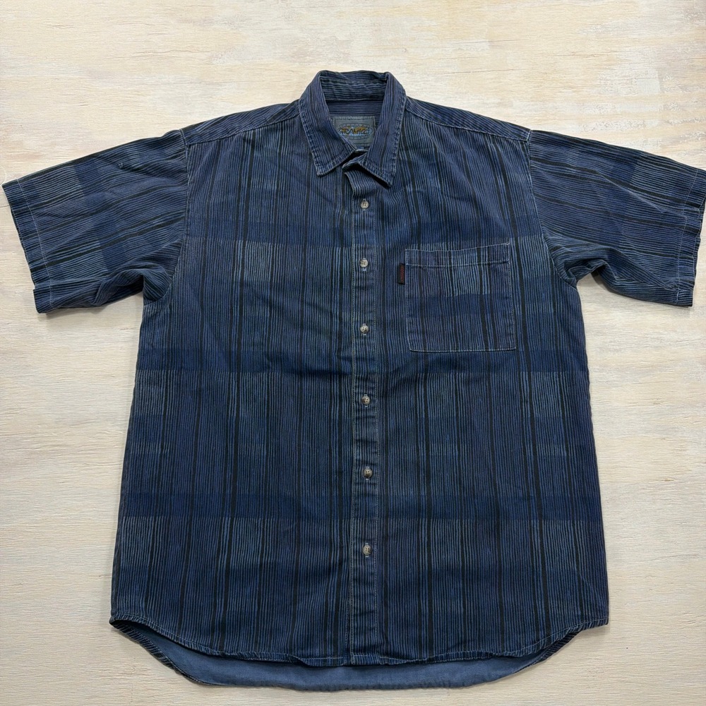 VTG Gramicci Shirt Short Sleeve Striped Button Up Pocket Blue Mens Size M